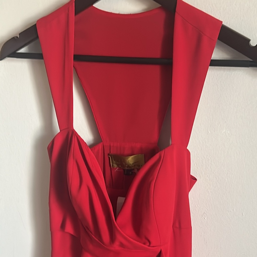 New Nicole Miller Red Silk Ruched Pleated Sleeveless Midi Dress Valentine’s Day - Picture 4 of 16